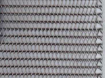 A piece of conveyor belt mesh with round spiral wires and straight round wires.