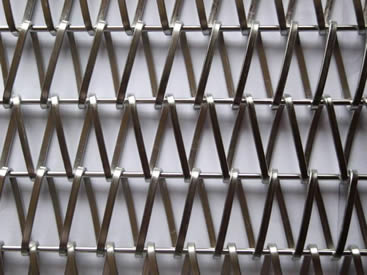 A piece of conveyor belt mesh with flat spiral wires and straight round wires.