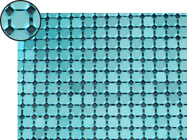 A piece of metallic fabric cloth with blue flat octagon shape.