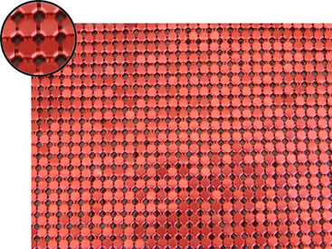 A piece of metallic fabric cloth with 4mm octagon shape and red color.