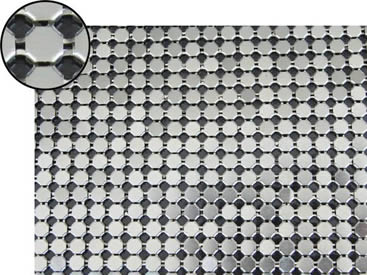 A piece of metallic fabric cloth with 6mm flat octagon shape and bright silver color.