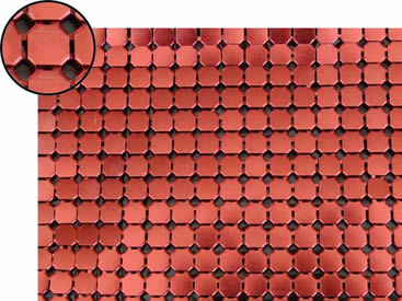 A piece of metallic fabric cloth with 8mm octagon shape and red color.