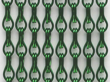 A piece of green aluminum chain curtain on the gray background.
