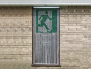 A piece of aluminum chain curtain is installed on the door with a running people picture on it.